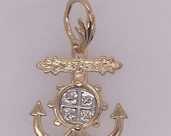 Atocha Coin Pendant Ships Wheel Anchor Frame in 14K Gold