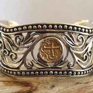 ATOCHA Coin Bangle Bracelet Adjustable GP Coin Filigree Design Solid 925 Sterling Silver Nautical Jewelry
