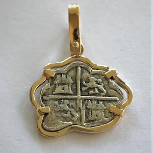 ATOCHA Coin Pendant 14K Yellow Gold Freeform Prongs Set Frame with 2 Reale Coin