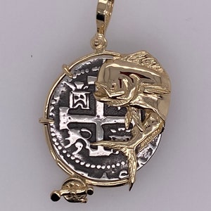 Atocha Coin Era 1600-1700 14k Gold Mahi Mahi Fish Charm Pendant Rod Reel Sport Men Ladies Jewelry