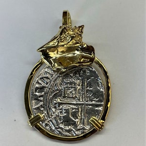 ATOCHA Coin Pendant Sterling Silver with 14K Yellow Gold Overlay Conch Frame 4 Reale Coin