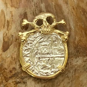 ATOCHA Coin Pendant Skull & Crossbones Pendant Gold Plated Over Silver Sunken Treasure Shipwreck Jewelry