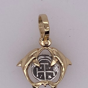 ATOCHA Coin Pendant 14K Yellow Gold Double Dolphin Frame with Mini Reale