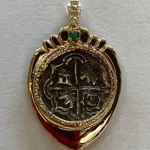 ATOCHA Coin Pendant 14K Gold W/Diamonds & Emerald Sunken Treasure Jewelry