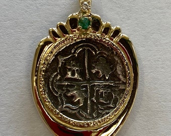 ATOCHA Coin Pendant 14K Gold W/Diamonds & Emerald Sunken Treasure Jewelry