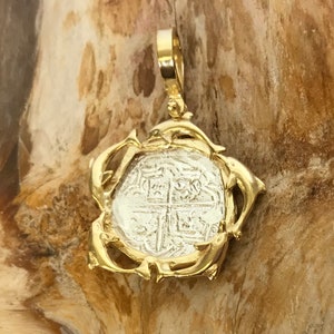 ATOCHA Coin Pendant 14K Gold Overlay over Sterling Silver Dolphin Frame with 4 Reale