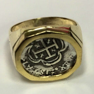 Atocha Coin Ring 14K Yellow Gold with Sterling Silver Coin Mens ladies Treasure Jewelry