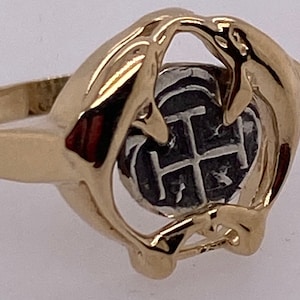 ATOCHA Coin Ring 14K Yellow Gold Double Dolphin Mini Coin Treasure Jewelry