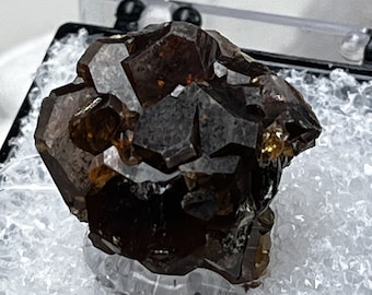 May include: A cluster of dark brown and gold crystals in a clear plastic display box with white foam padding.