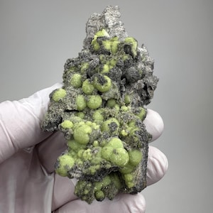 May include: A mineral specimen featuring clusters of vibrant lime green, spherical formations embedded within a dark, textured, and jagged grey rock matrix. The specimen displays a contrast between the smooth, rounded green nodules and the rough, uneven surface of the surrounding stone, creating a distinct geological structure.