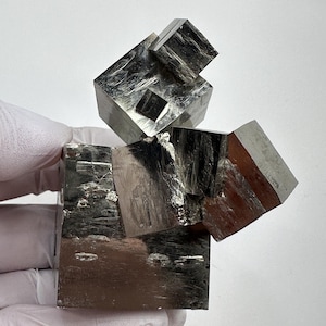 Puede incluir: Un grupo de cristales de pirita, también conocidos como oro de los tontos, de color plateado metálico y forma cúbica. Los cristales están dispuestos en un grupo, con un cristal grande en la parte inferior y varios cristales más pequeños en la parte superior.