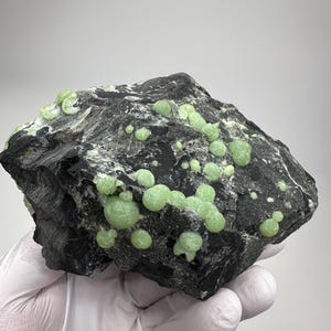 May include: A dark gray rock formation with clusters of light green, spherical mineral deposits. The rock has a rough, textured surface, and the green formations are evenly distributed across it. The overall appearance is natural and geological.