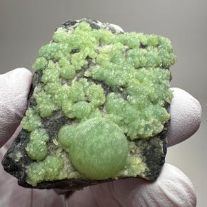 May include: A piece of raw mineral with a dark gray base, covered in clusters of light green, crystalline formations. A larger, rounded, light green formation is also present. The mineral is held by a gloved hand.