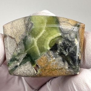 May include: A polished stone with a mix of colors, including green, tan, and gray. The stone has a unique pattern with swirls and veins, and is held by a gloved hand. The stone's shape is rectangular with rounded edges.