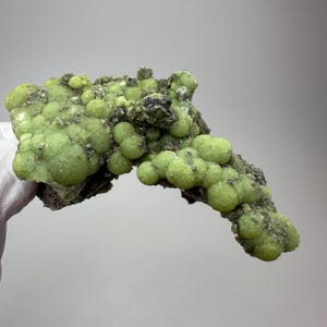 May include: A close-up of a mineral specimen featuring a cluster of rounded, light green formations. The surface has a bumpy texture, with some areas appearing darker green or gray. The mineral is held against a plain gray background.