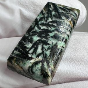 May include: A rectangular polished gemstone cabochon featuring a pale mint green base color with intricate, dark black fern-like dendritic inclusions spread across the surface. The stone has a smooth, glossy finish with beveled edges.