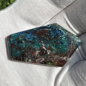 May include: A polished, irregularly shaped stone with a mosaic of colors. The surface displays a blend of deep blues, greens, and earthy browns, with hints of red and white. The stone is held in a white glove, highlighting its natural beauty.