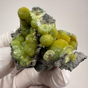 May include: A mineral specimen featuring clusters of vibrant lime-green, spherical formations attached to a dark, textured gray matrix. The surface of the green spheres displays a crystalline, radiating structure with a subtle, light-reflective sheen.