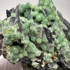 May include: A close-up of a mineral specimen featuring a cluster of light green, spherical crystals. The crystals are set against a backdrop of dark gray and black rock. The overall texture is rough and natural.