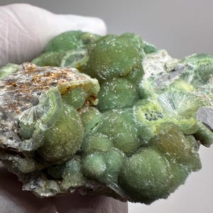May include: A close-up of a mineral specimen featuring a cluster of rounded, light green formations. The mineral has a bubbly texture and is set against a backdrop of a lighter, neutral color. The specimen also has areas of brown and white.