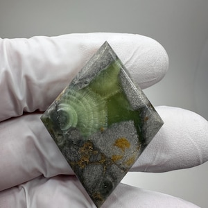 May include: A diamond-shaped gemstone with a mix of green, gray, and gold colors. The stone has a unique pattern with circular and mottled textures. The gemstone is held by a gloved hand.
