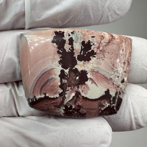 May include: A polished, rectangular stone with a mix of colors. The stone features a base of pink and white hues, with dark brown and black patterns. The stone is held by a gloved hand.