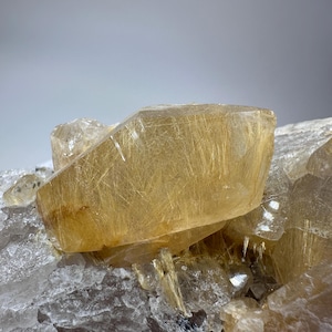 May include: Close-up of a golden-yellow quartz crystal with internal needle-like inclusions, resting on a bed of translucent, crystalline material. The crystal has a faceted shape and a polished appearance, reflecting light.