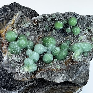 May include: A cluster of green, spherical, mineral formations on a dark gray rock. The mineral formations are clustered together and have a smooth, rounded surface.