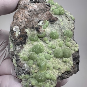 May include: A rough, irregularly shaped rock with a dark gray and brown surface. The rock is covered with clusters of small, light green, spherical formations. Some formations have a radial, fan-like structure.