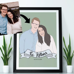 Custom Engagement Portrait: Personalized Wedding Gift, First Wedding Anniversary Gift, Bride and Groom Illustration, Wedding Keepsake Decor