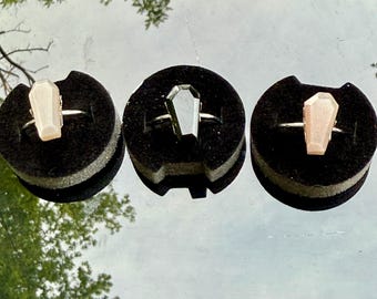 Stone Coffin Rings, Hand shaped Quartz, Jet Oxy Stone Coffin Shaped Necklace and Rings.
