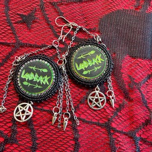 Beadwork Land Back Earrings with Pink or Green| Chains and Crystal | Indigenous statement Earrings| Native goth
