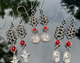 Lilith Sigils|  Crow and Crosses | Metal Chainwork Chainmail Earrings