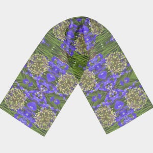 Purple Iris Allium Long Scarf, floral scarf, designer scarf, silk, flowers, multiple sizes, made to order