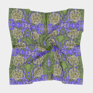 Purple Iris Allium Square Silk Scarf, designer scarf, floral scarf, unique scarf, silk, made to order, multiple sizes