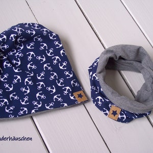 Beanie, Loop, für Kinder mit Anker blau, maritim, für Jungs und Mädchen, Kinderbeanie, - Größe 46 - 56 Kopfumfang