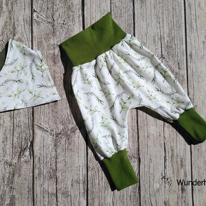 Baby bloomer - maat 62/68 tot 110/116 - Groeibroek voor baby&#39;s of peuters - met sjaal - eucalyptusbladeren - Aladdin-broek - leggings