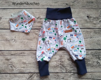 Bloomers Baby - Gr. 62/68 to 110/116 - growing pants for babies or toddlers - with scarf - train, railroad - Aladdin pants - leggings