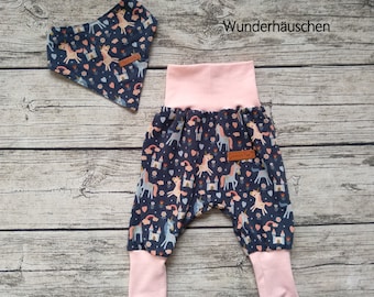 Pumphose Baby Mädchen - Gr. 62/68 bis 122 - Mitwachshose für Babys oder Kleinkinder   -  mit Halstuch - Einhörner - Aladinhose - Leggings