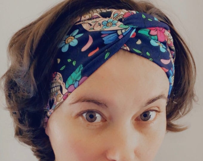 Dark blue sugar skulls Knotted Headband, Turban Headband, Fabric Headband, Sports/Yoga headband, Mother’s Day Gift, Women’s Gift