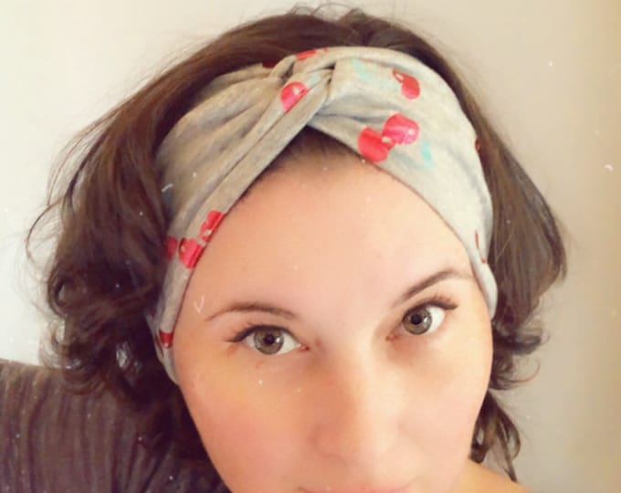 Grey with sparkly cherries, Knotted Headband, Turban Headband, Fabric Headband, Sports/Yoga headband, Mother’s Day Gift, Women’s Gift