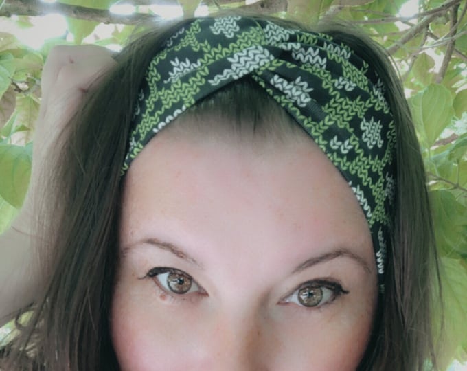 Green and Black Knitted Print Knotted Headband, Turban Headband, Fabric Headband, Sports/Yoga headband, Mother’s Day Gift, Women’s Gift