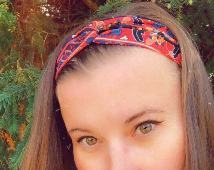 Red and Black with Flowers Knotted  Elasticated Headband, Turban Headband, Fabric Headband, Mother’s Day Gift, Women’s Gift