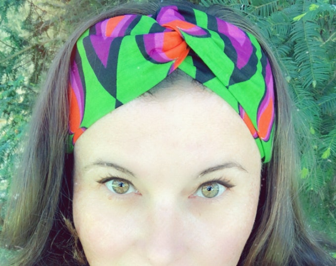 Wax Style Cotton Green and Purple Knotted  Elasticated Headband, Turban Headband, Fabric Headband, Mother’s Day Gift, Women’s Gift