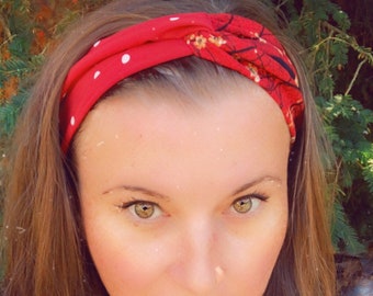Red with Flowers Knotted  Elasticated Headband, Turban Headband, Fabric Headband, Mother’s Day Gift, Women’s Gift