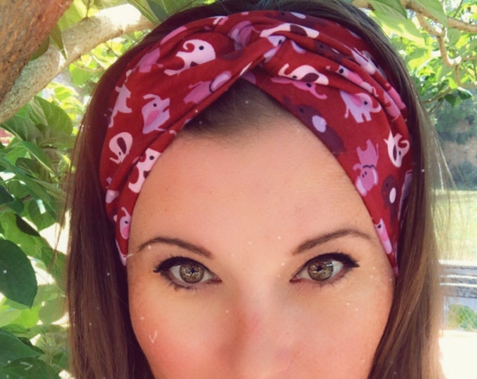 Red with elephants Knotted Headband, Turban Headband, Fabric Headband, Sports/Yoga headband, Mother’s Day Gift, Women’s Gift