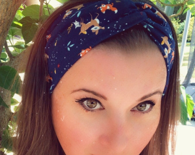 Deer and foxes dark blue Knotted Headband, Turban Headband, Fabric Headband, Sports/Yoga headband, Mother’s Day Gift, Women’s Gift