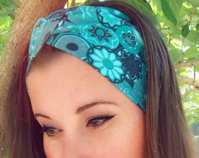 Blue green aqua flowers Knotted Headband, Turban Headband, Fabric Headband, Sports/Yoga headband, Mother’s Day Gift, Women’s Gift