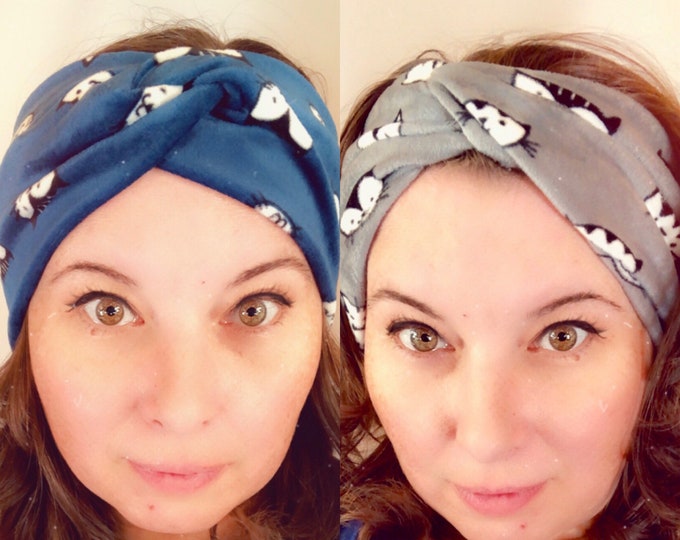 2 x Cats Blue and Grey Fleece Knotted Headband, Turban Headband, Fabric Headband, Sports/Yoga headband, Mother’s Day Gift, Women’s Gift