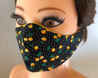 Washable 3 layers, Reversible Cotton Face Mask Cherries and yellow